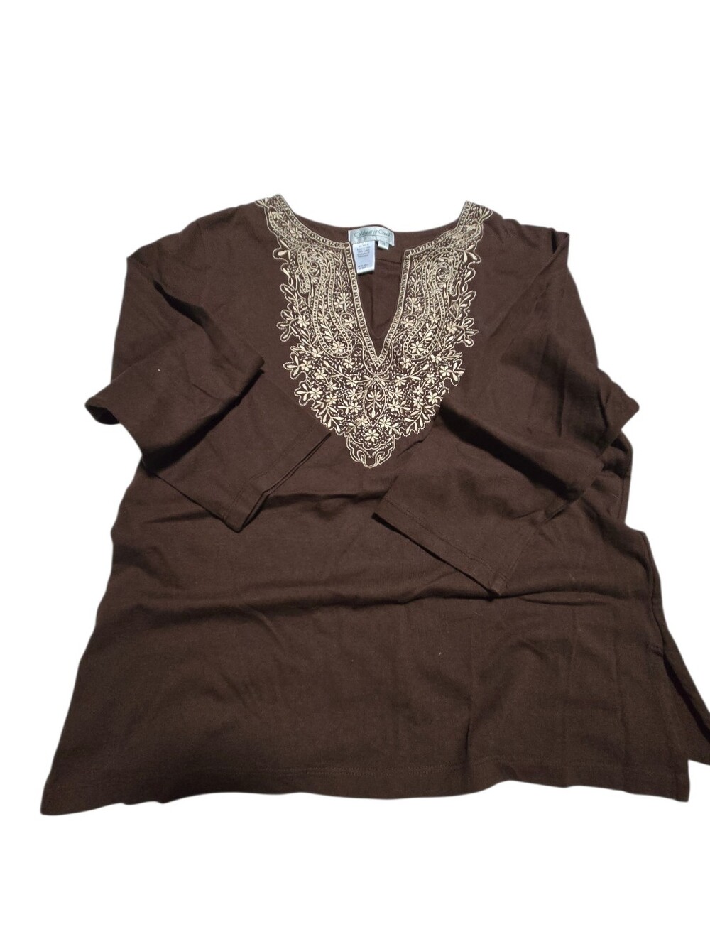 Coldwater Creek Brown Tunic with Cream Embroidered V-Neck Size M